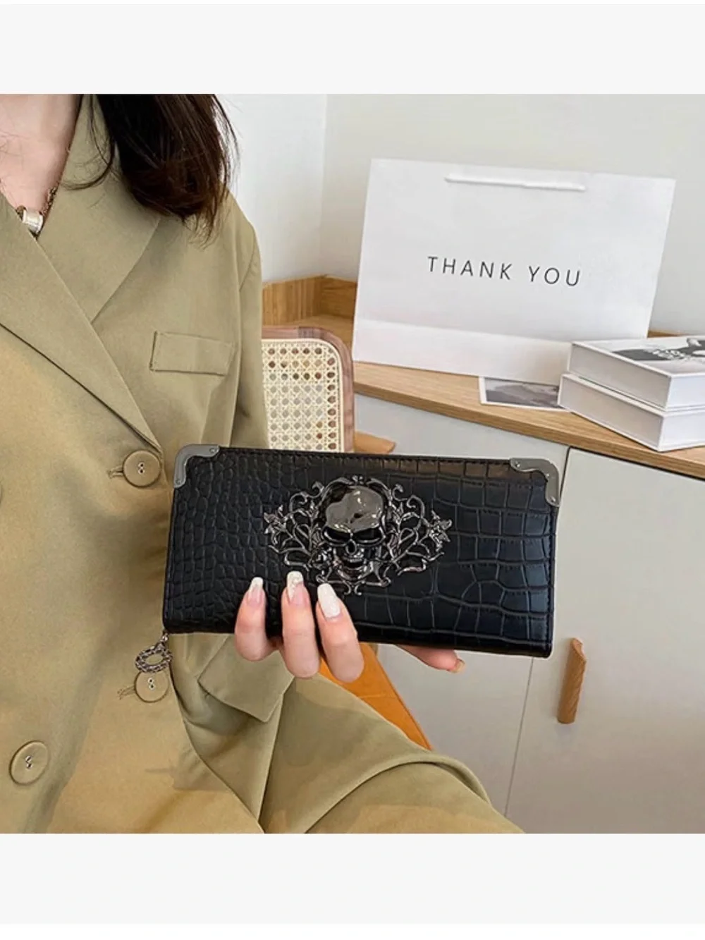 Black Skull-Embellished Croc-Texture Wallet
